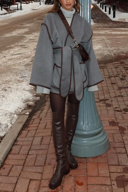 Open Front Pocketed Splice Coat With Belt