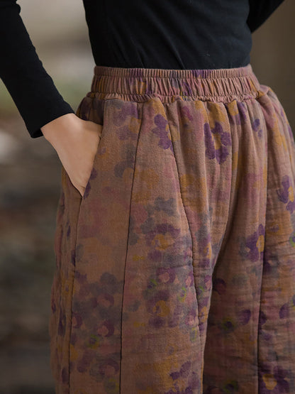 Winter Retro Flower Cotton Paaded Harem Pants Wu003