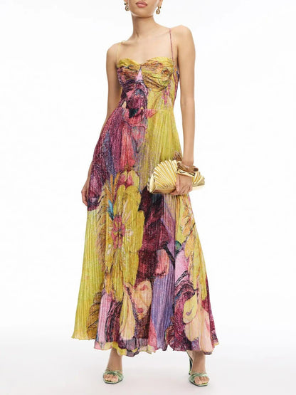 Art Hand-painted Print Pleated Maxi Dress