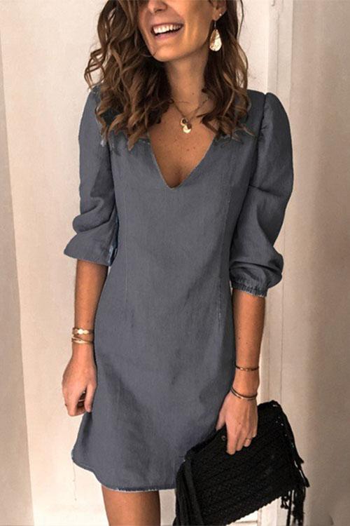 V Neck Elastic Cuff Sleeve Mini Dress(4 Colors)