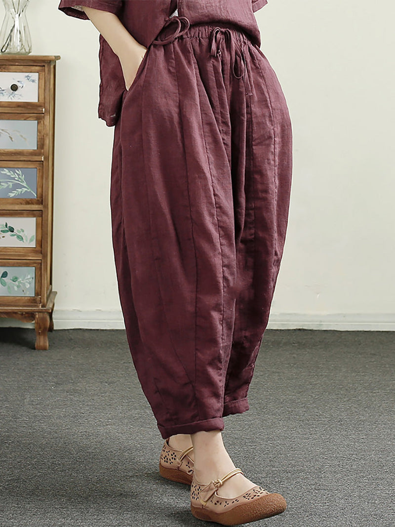 Summer Retro Spliced Harem Linen Pants Cx010