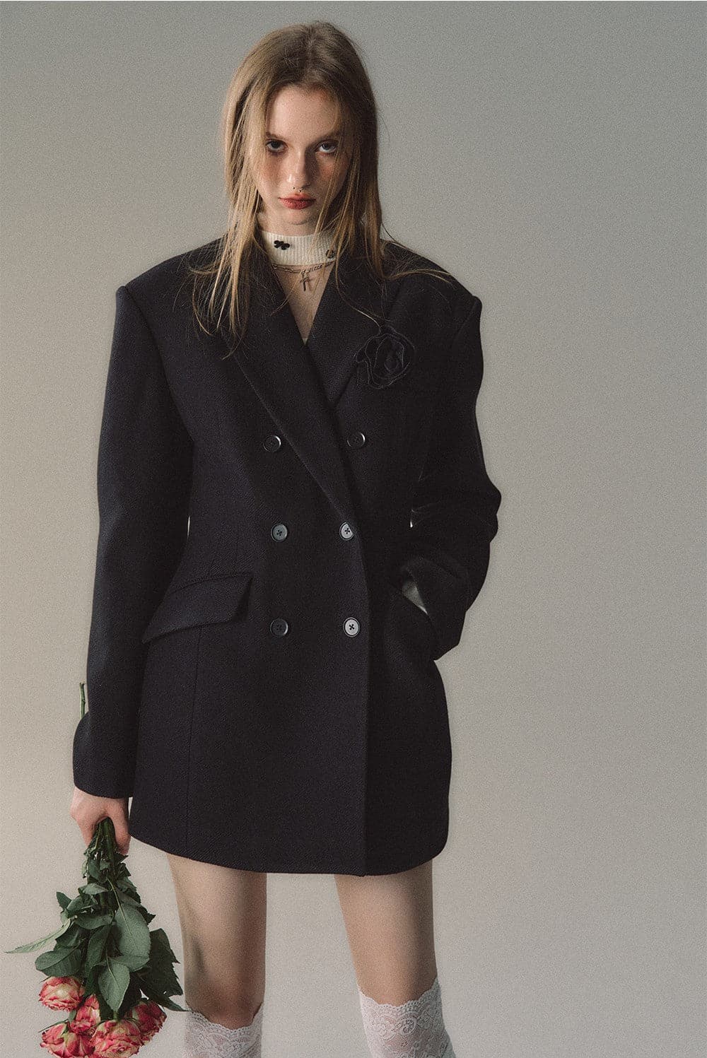 Cream Woolen Double-breasted Coat