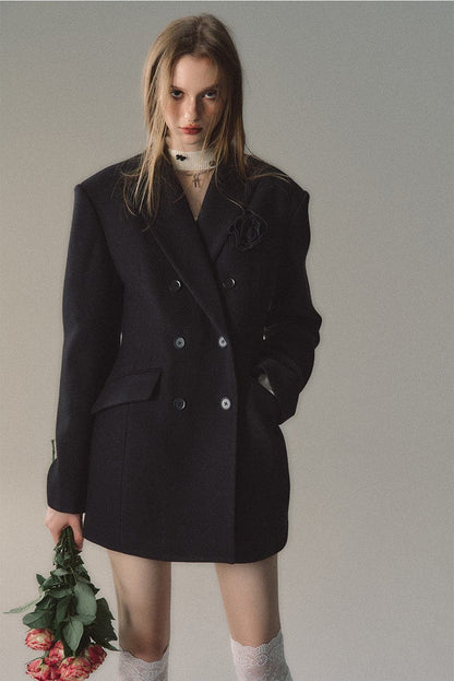 Cream Woolen Double-breasted Coat
