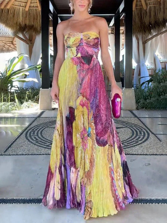 Art Hand-painted Print Pleated Maxi Dress