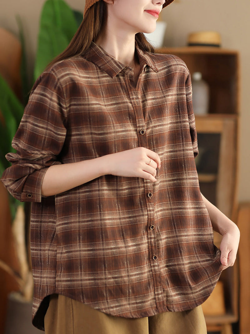 Autumn Plaid Button-up Cotton Blouse Ai1031