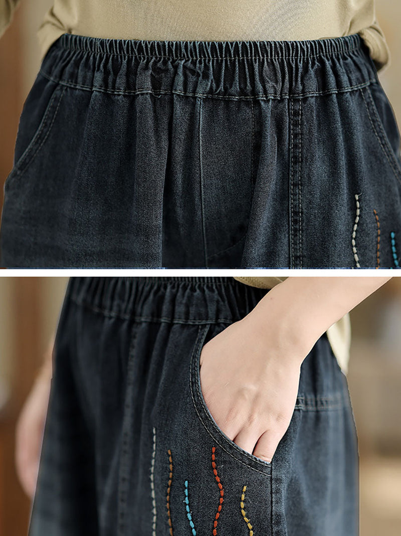 Autumn Cat Patch Spliced Denim Harem Pants Av1004