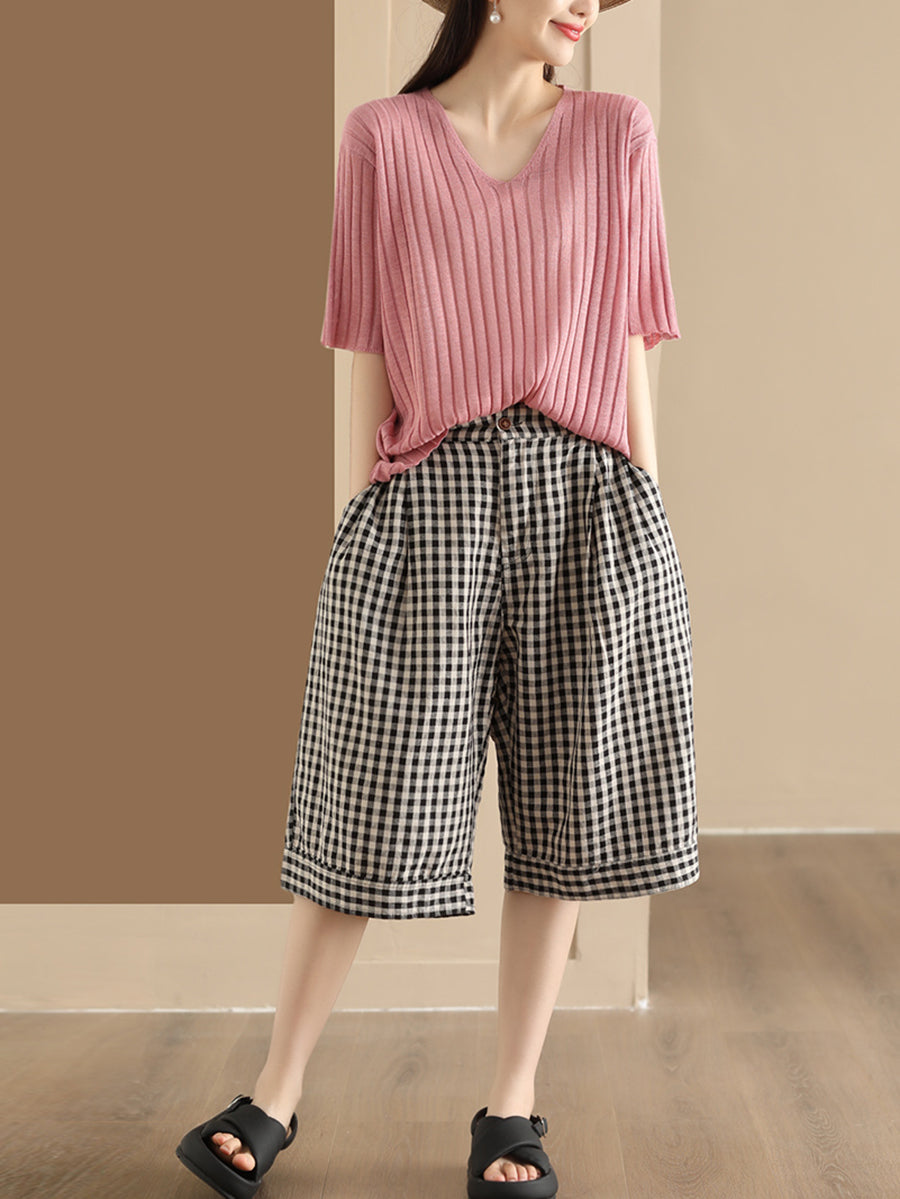 Summer Plaid Linen Wide-leg Pants Pp1028