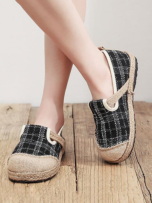 Artsy Summer Plaid Linen Spliced Flat Shoes Rr007