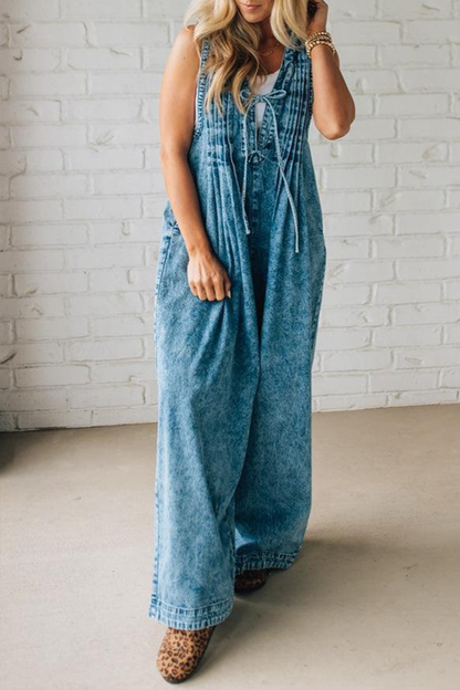 ' Shoulder Strap Hollow Splicing Pleated Jumpsuit