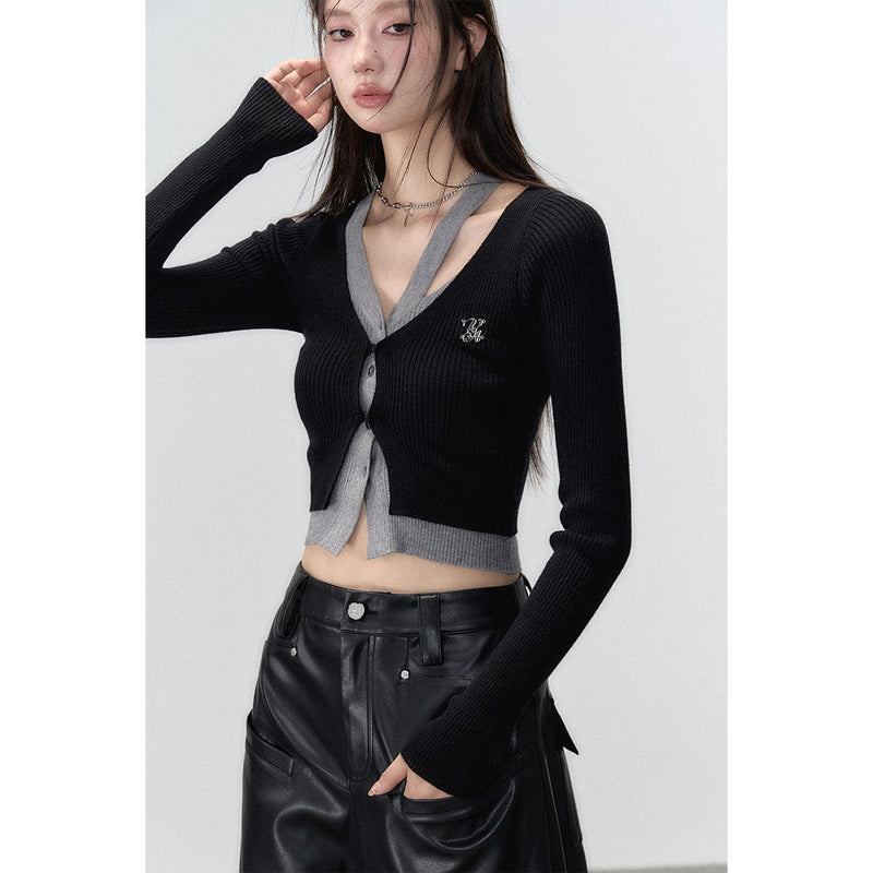 Black Hollow Out Knit Cardigan - 2-piece Design