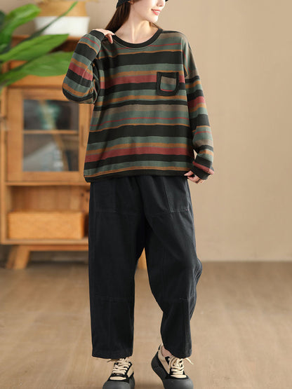 Autumn Colorblock Stripe O-neck Cotton Sweatshirt Ai1027