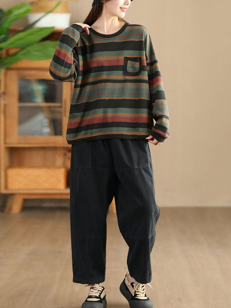 Autumn Colorblock Stripe O-neck Cotton Sweatshirt Ai1027