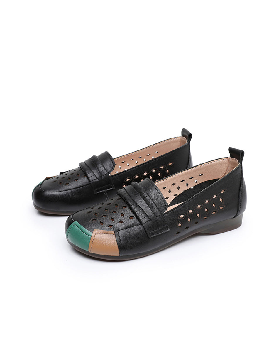 Summer Leather Colorblock Cutout Flat Shoes Ui1030