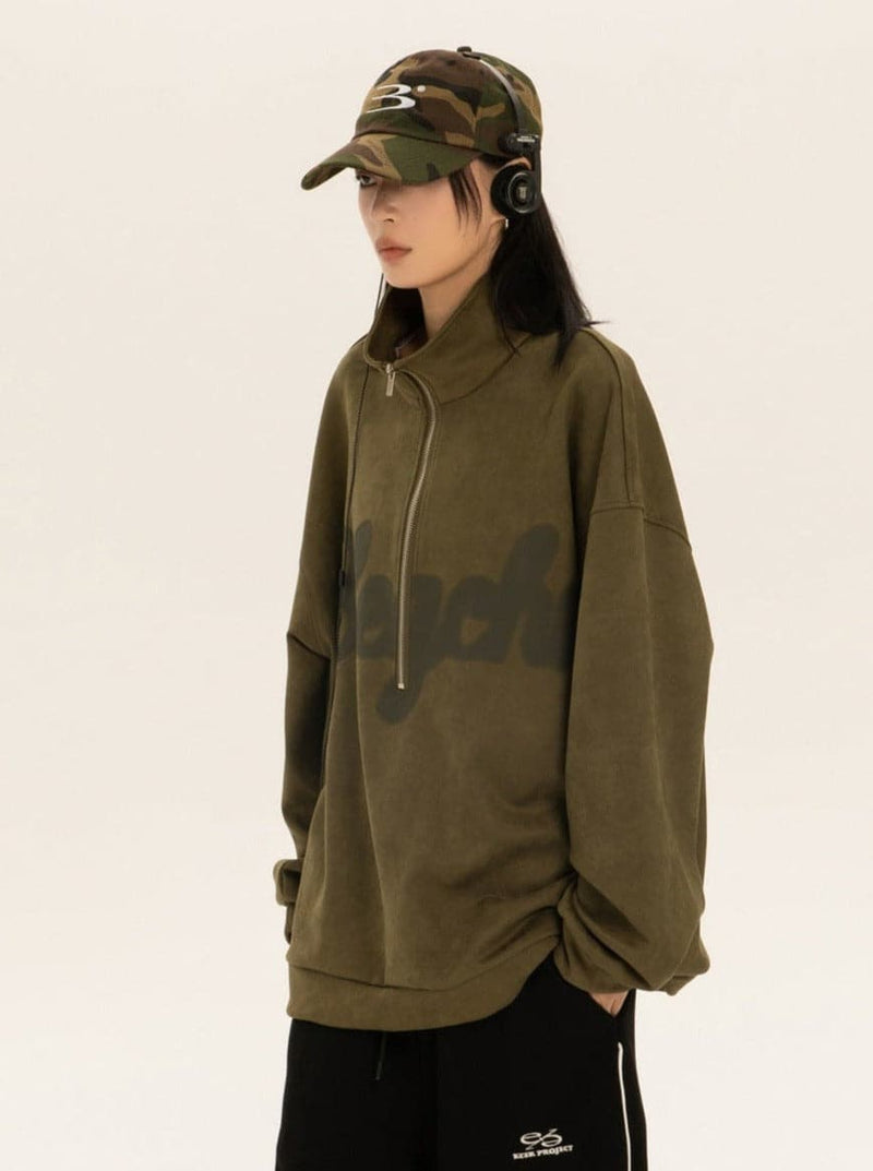 Oversized Suede Sweatshirt With Zipper Polo Collar
