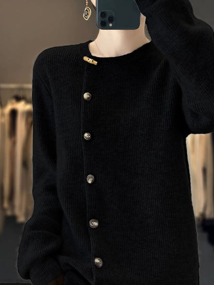 Autumn Knit Wool Buttoned O-neck Sweater Wu024
