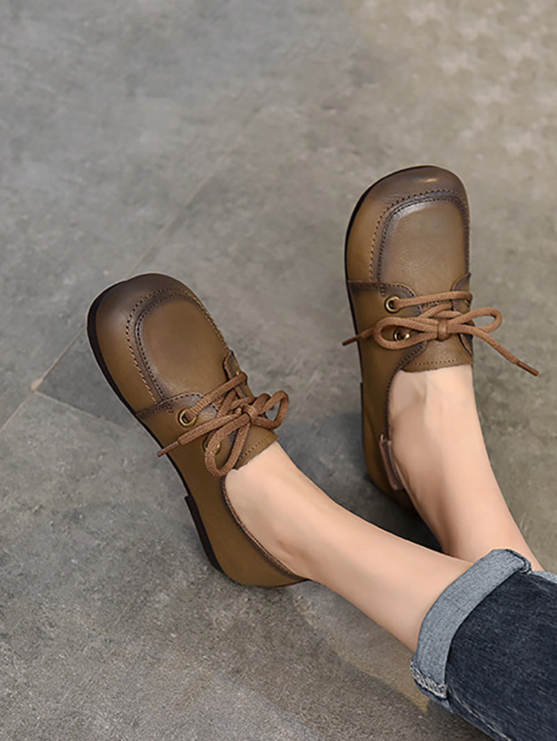 Summer Retro Leather Square Toe Flat Shoes Cx041