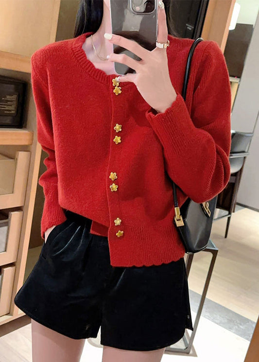 Red O Neck Button Knit Cardigan Coat Fall Qc046