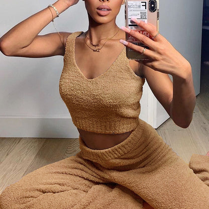 Plush Sweater V-neck Cropped Vest Pants Two-piece Suit for Fluffy
