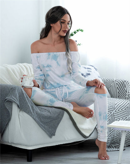 Fall Long Sleeve Off Shoulder Lace Up Pocket Ripped Tie Dye Jumpsuit