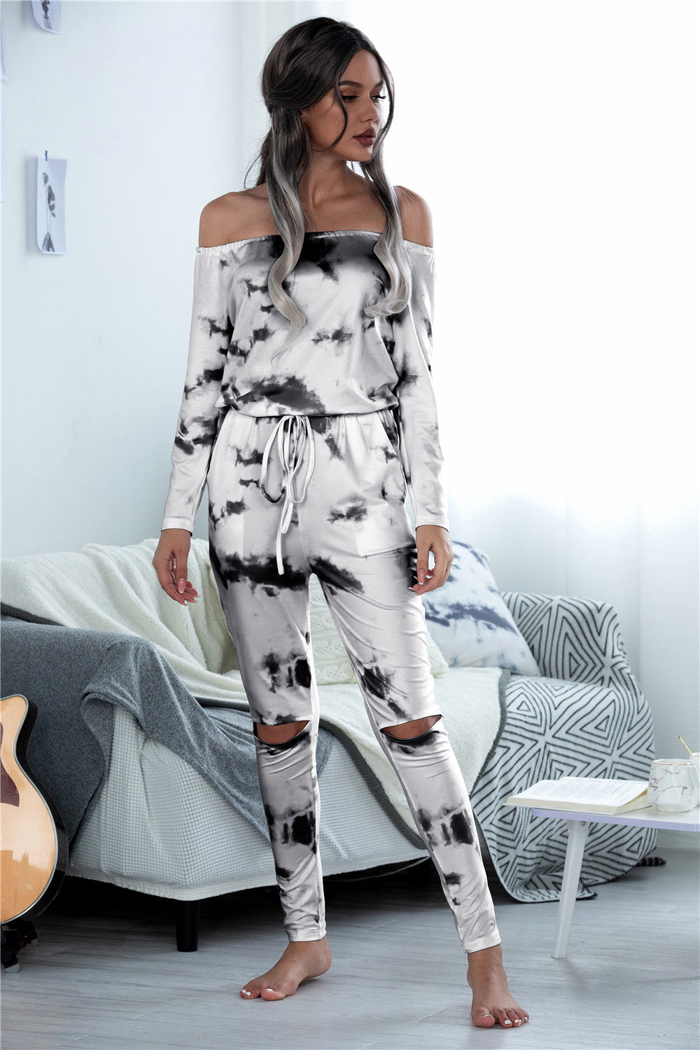Fall Long Sleeve Off Shoulder Lace Up Pocket Ripped Tie Dye Jumpsuit
