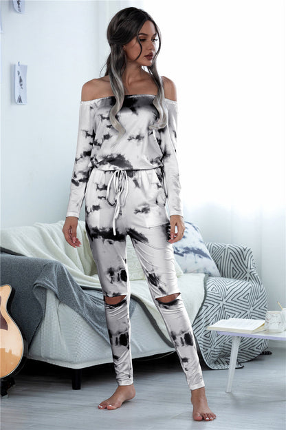 Fall Long Sleeve Off Shoulder Lace Up Pocket Ripped Tie Dye Jumpsuit