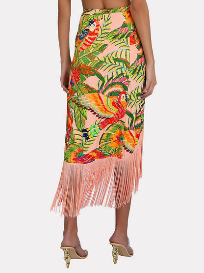 One-shoulder Embroidered Print Bikini and Fringe Skirt