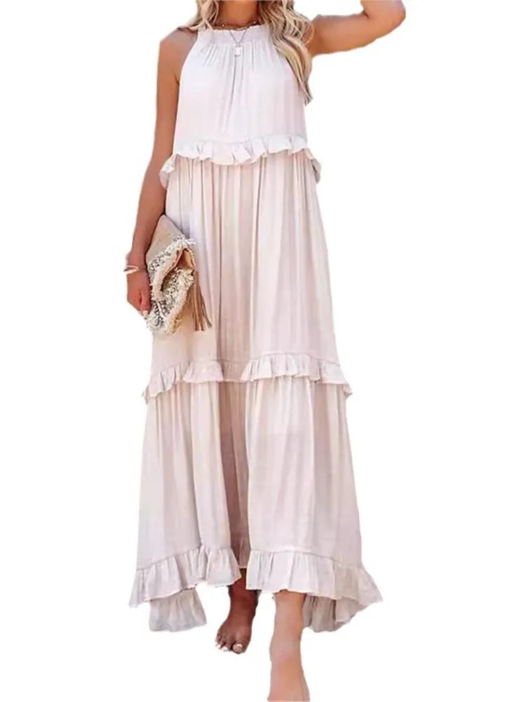 Summer Vacation Style Halter Neck Long Dresses Backless Leace-up Loose Ruffles Beach Dress Vestidos
