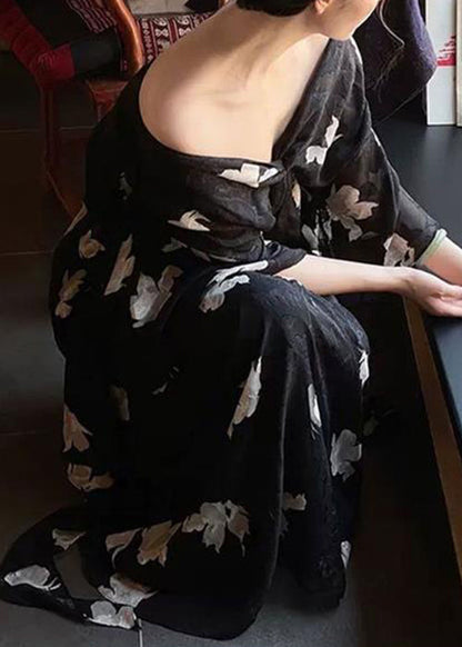 Stylish Black V Neck Print Chiffon Long Dress Half Sleeve Qp027