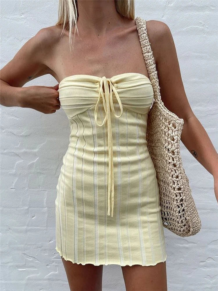Strapless Knit Mini Dresses Off-shoulder Stripe Knitting Bodycon Dress Summer Beach Party Halter Club