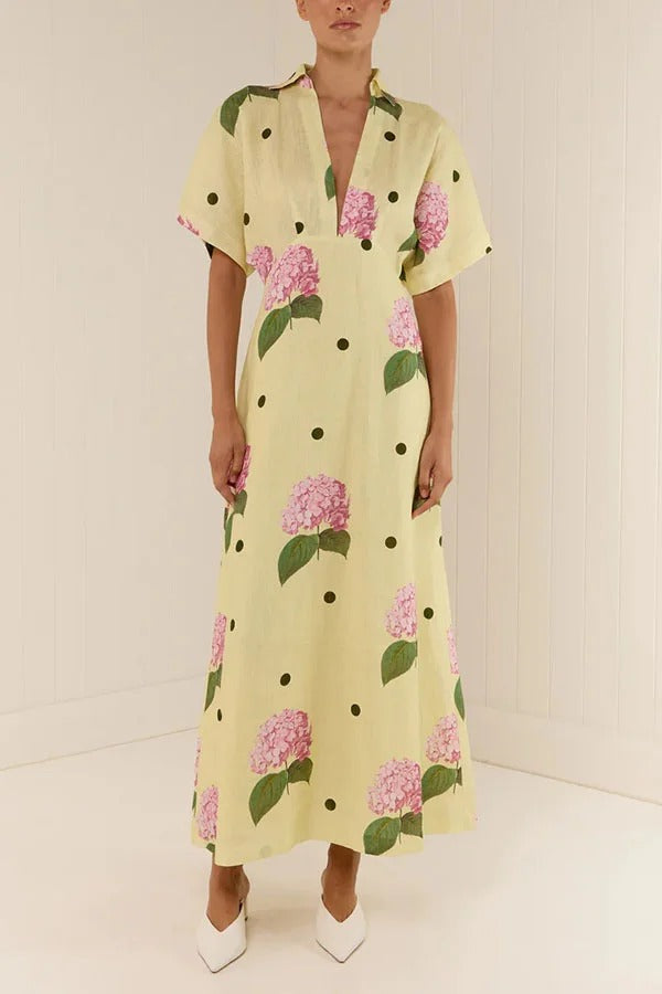 Jasmine Linen Blend Polka Dot Wide Sleeve Shirt Maxi Dress