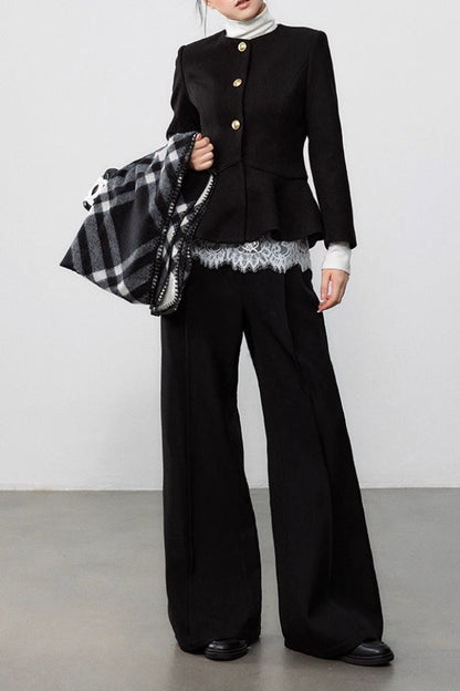 Black Pleated Waist Wool Coat