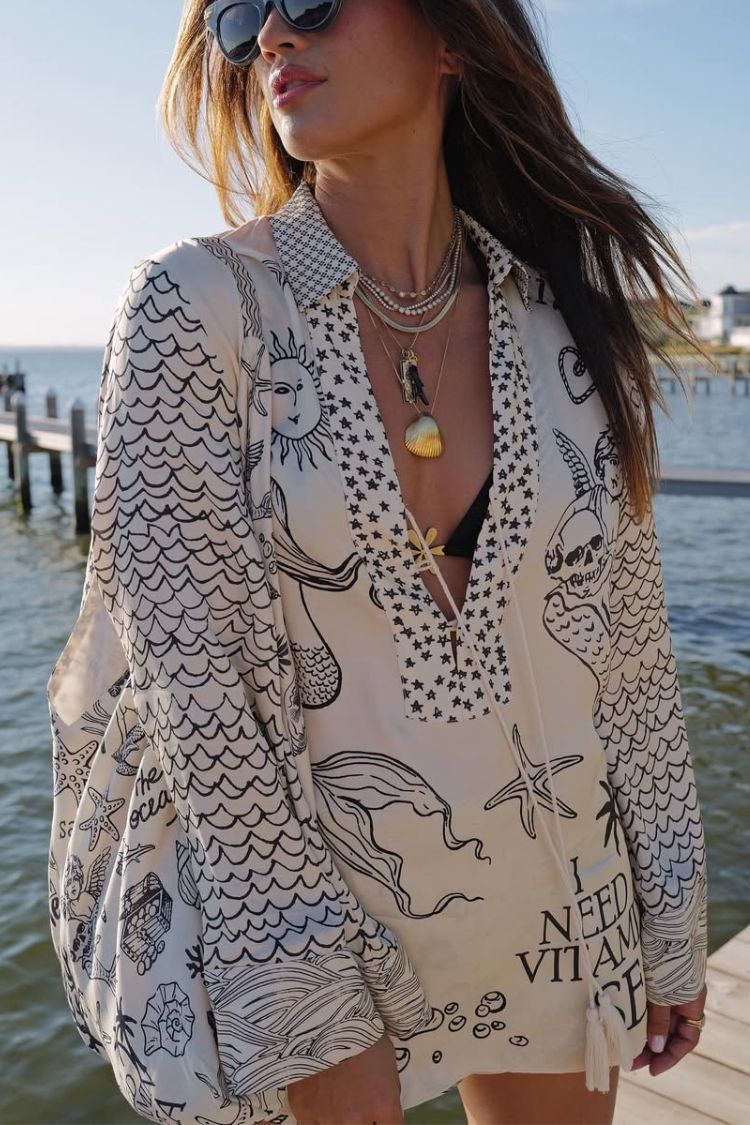 Live by Water Satin Unique Print Tassle Shirt and Elastic Waist Shorts Set