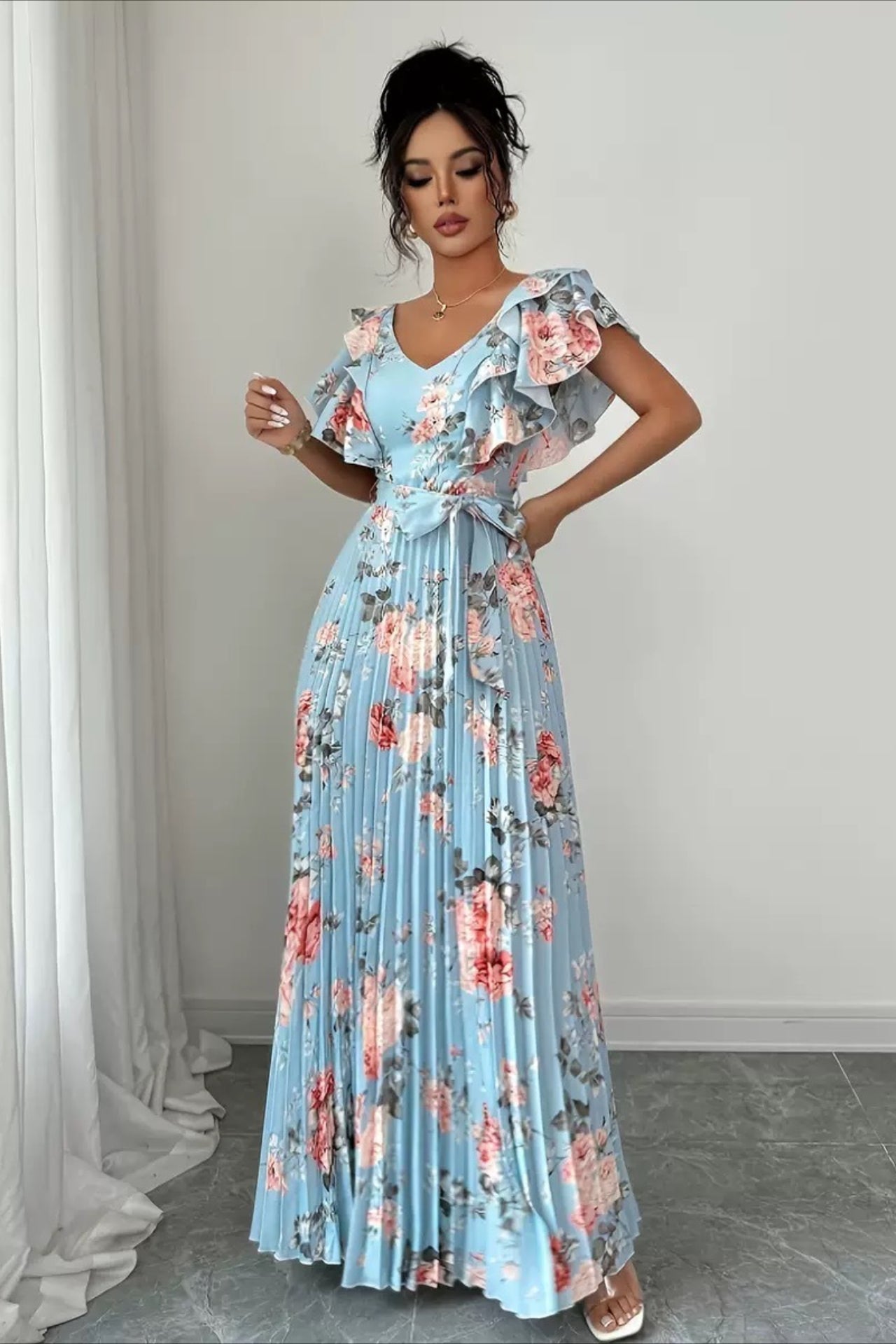 Print Ruffle Sleeve V Neck Pleated Maxi Dress