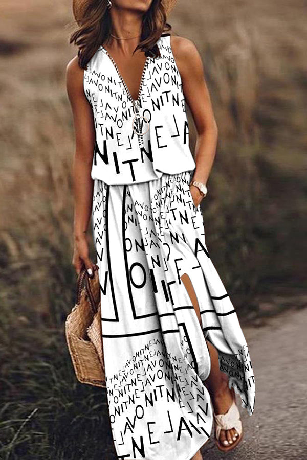 Modern Letter Print Zipper Neck Daily/vacation Maxi Dress