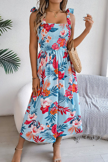 Plant Print Suspenders Pleated Holiday Beach Midi Dress