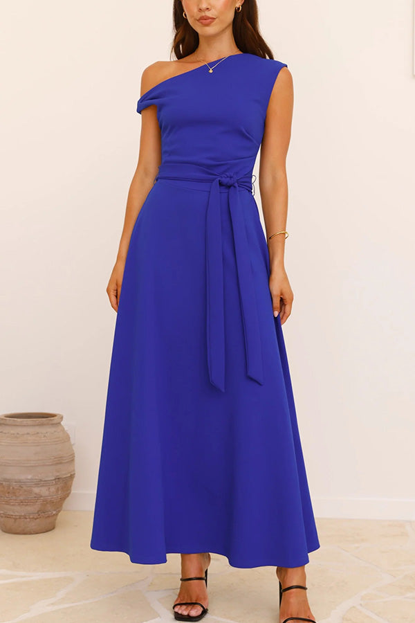 Color Sloped Collar Slim Fit Waist Lace Up Full Hem Maxi Dress