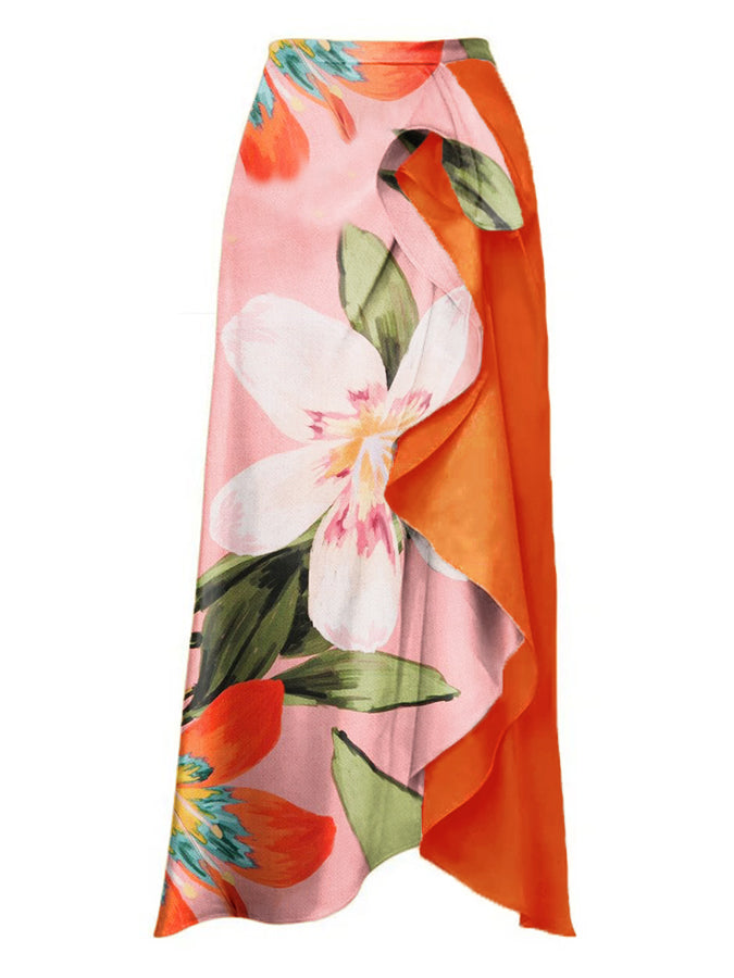 Print One Piece Swimsuit and Skirt