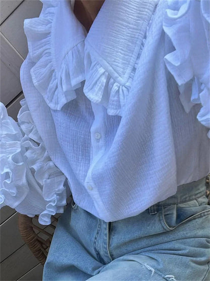 White Ruffled Shirts for Patchwork Cardigan Lapel Long Sleeve Outwear Slim Shirts New