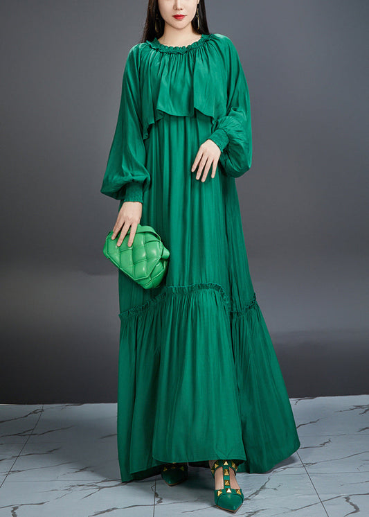 Italian Green Ruffled Pockets Tie Waist Cotton Maxi Dress Fall Aj1028