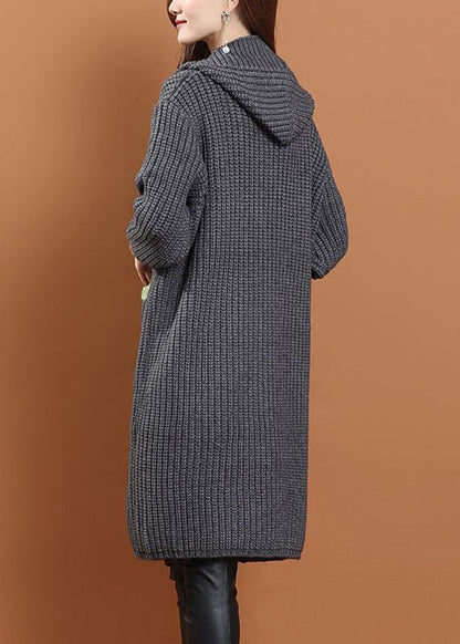 Handmade Grey Pockets Button Cotton Knit Long Hooded Cardigans Winter Wd027