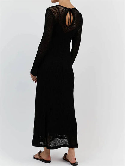 White Crochet Hollow Out Midi Dress for Long Sleeve Dress Beach Holiday See-through Summer Dress Cover-up