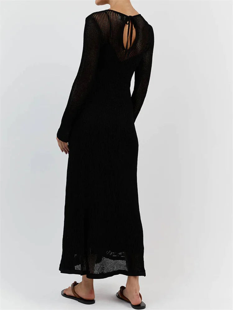 White Crochet Hollow Out Midi Dress for Long Sleeve Dress Beach Holiday See-through Summer Dress Cover-up
