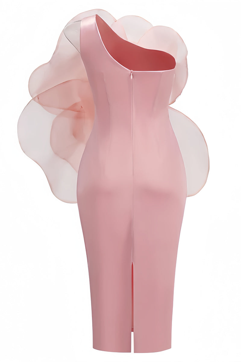Alaya Slant Shoulder 3d Midi Dress-pink