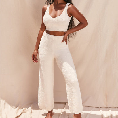 Plush Sweater V-neck Cropped Vest Pants Two-piece Suit for Fluffy