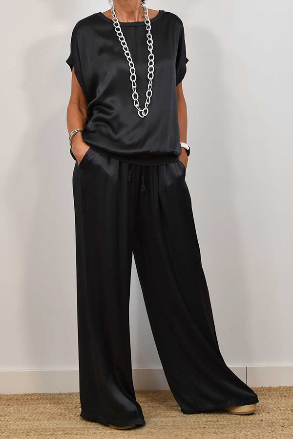 Satin Color Loose Short-sleeved Top and Elastic Waist Lace-up Pocket Wide-leg Pants Set