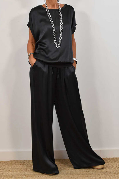 Satin Color Loose Short-sleeved Top and Elastic Waist Lace-up Pocket Wide-leg Pants Set