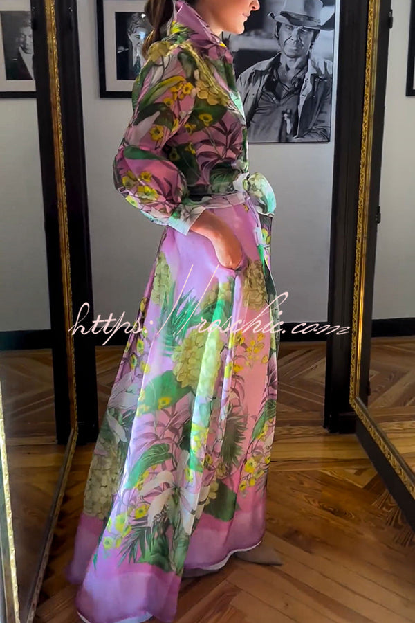 Seeds of Happiness Tulle Print Balloon Sleeve Belt Blouse