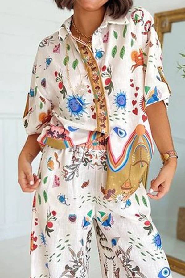 Printed Short Sleeve Shirt \u0026 Pants Two-piece Set