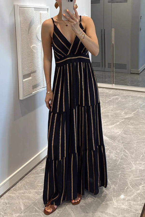 Striped Printed Suspender V-neck Full Hem Loose Holiday Maxi Dress