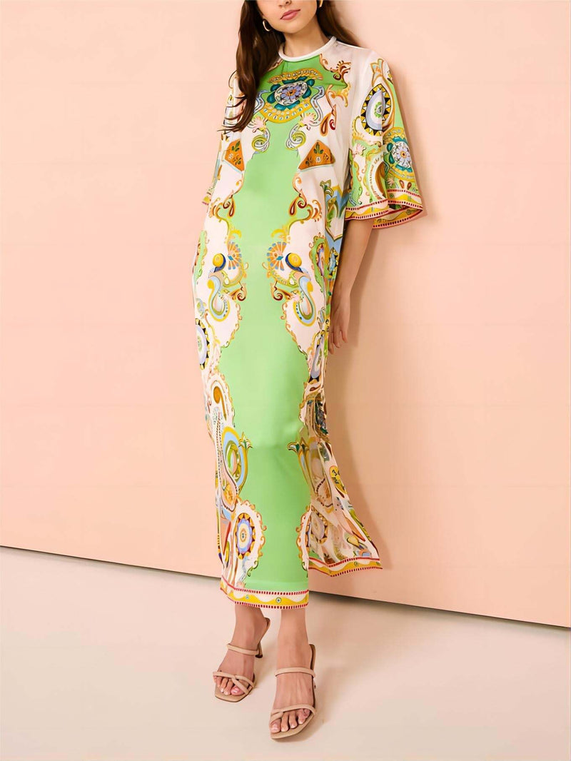 Unique Cashew Print Loose Midi Dress
